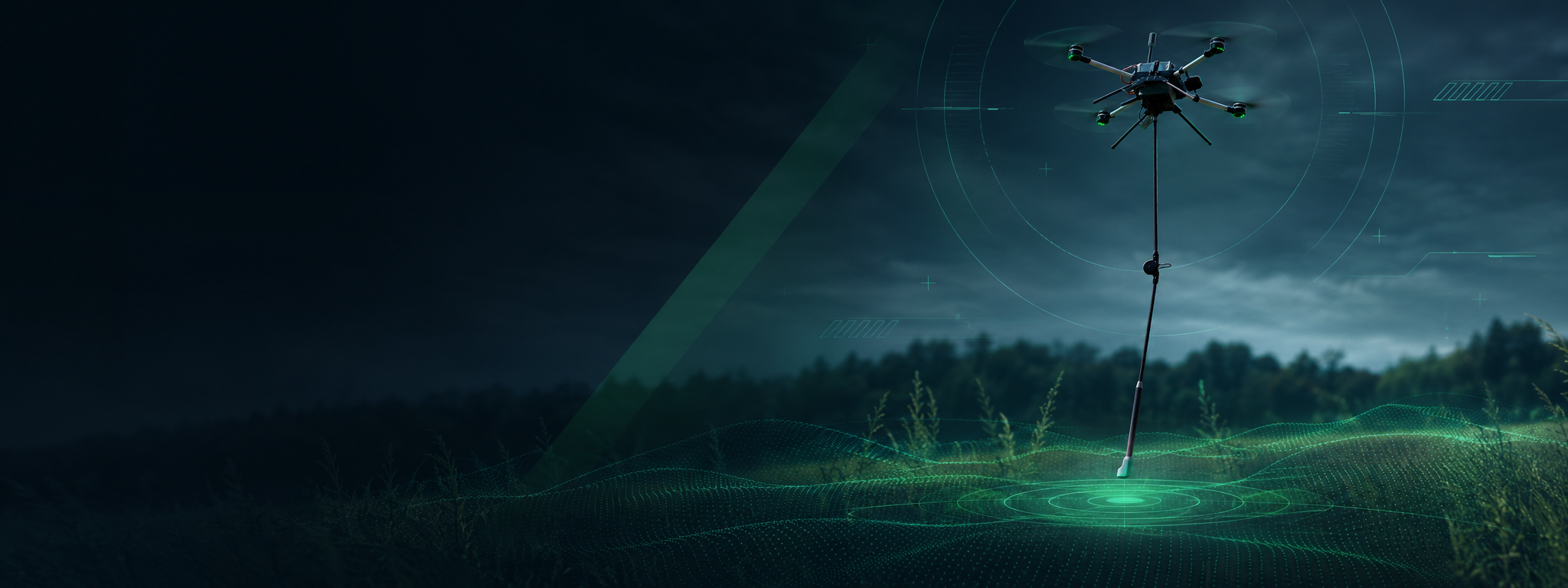 Xensor detection drone lowering a multi-sensor probe over terrain at night